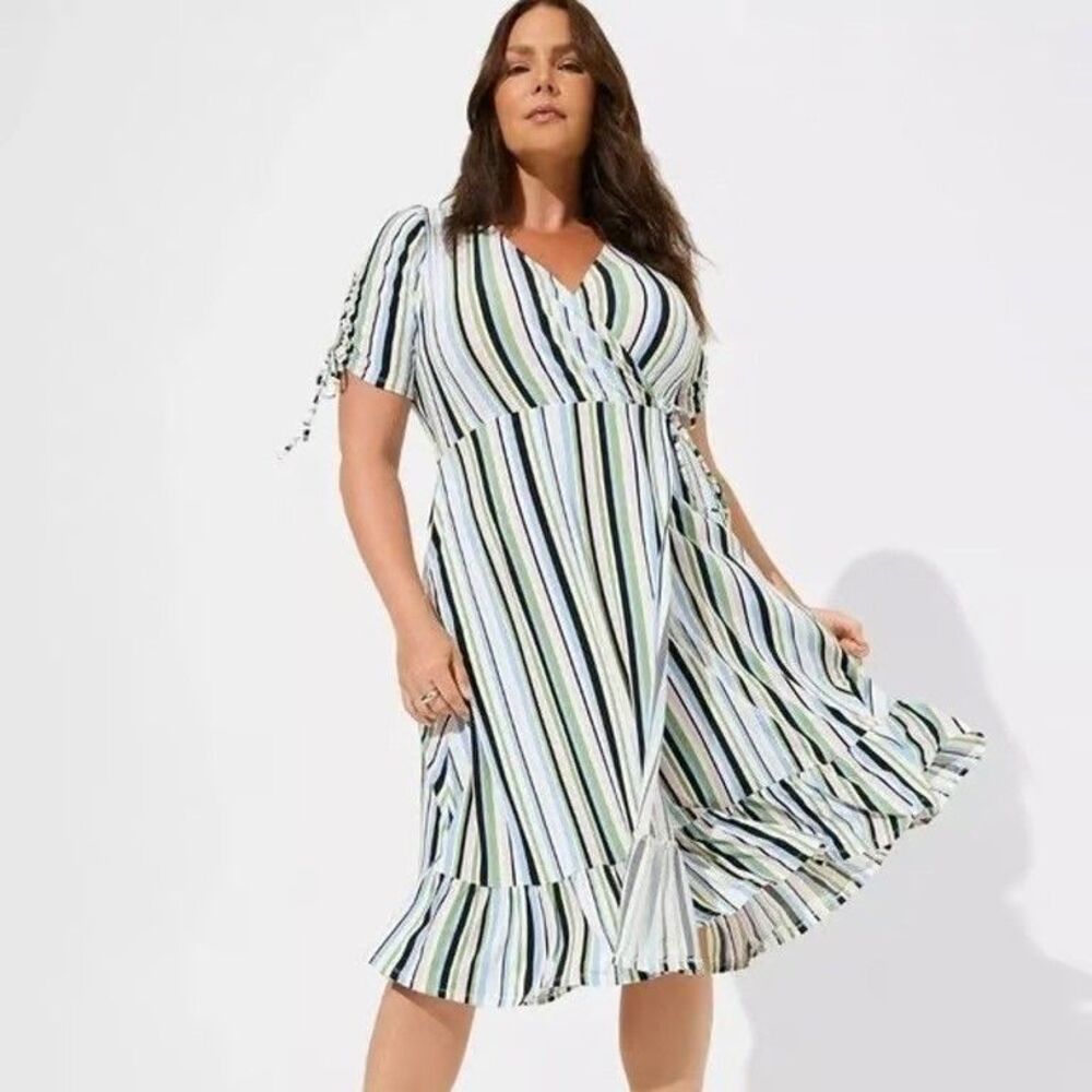 Torrid Pastel Striped A-line Midi Wrap Dress Ruched short sleeves‎ 1X